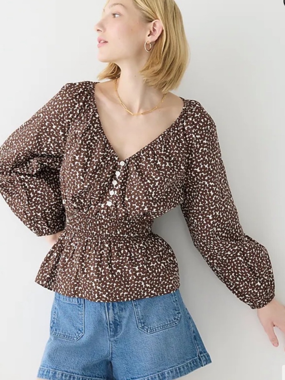 J. Crew Smocked Waist Floral Print Peasant Top Blouse V-neck Mocha Brown XXL